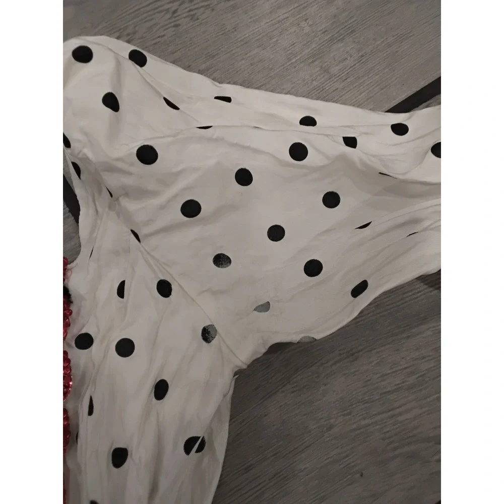 Kids White Black Polka Dot Costume Dress Red Sequin Trim Lace Up Bodice